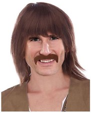 Mens Brown Hippie Wig with Mustache Sonny Wig and Mustache Hippie Wigs for Me...