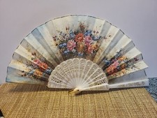 VINTAGE HAND FAN Floral Design On Canvas Like Material Signed Made in Spain