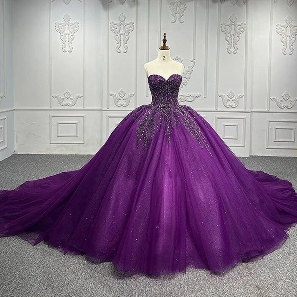 Purple Tulle Wedding Dresses Ball Gown Spaghetti Straps V-Neck Beaded –  angelaweddings