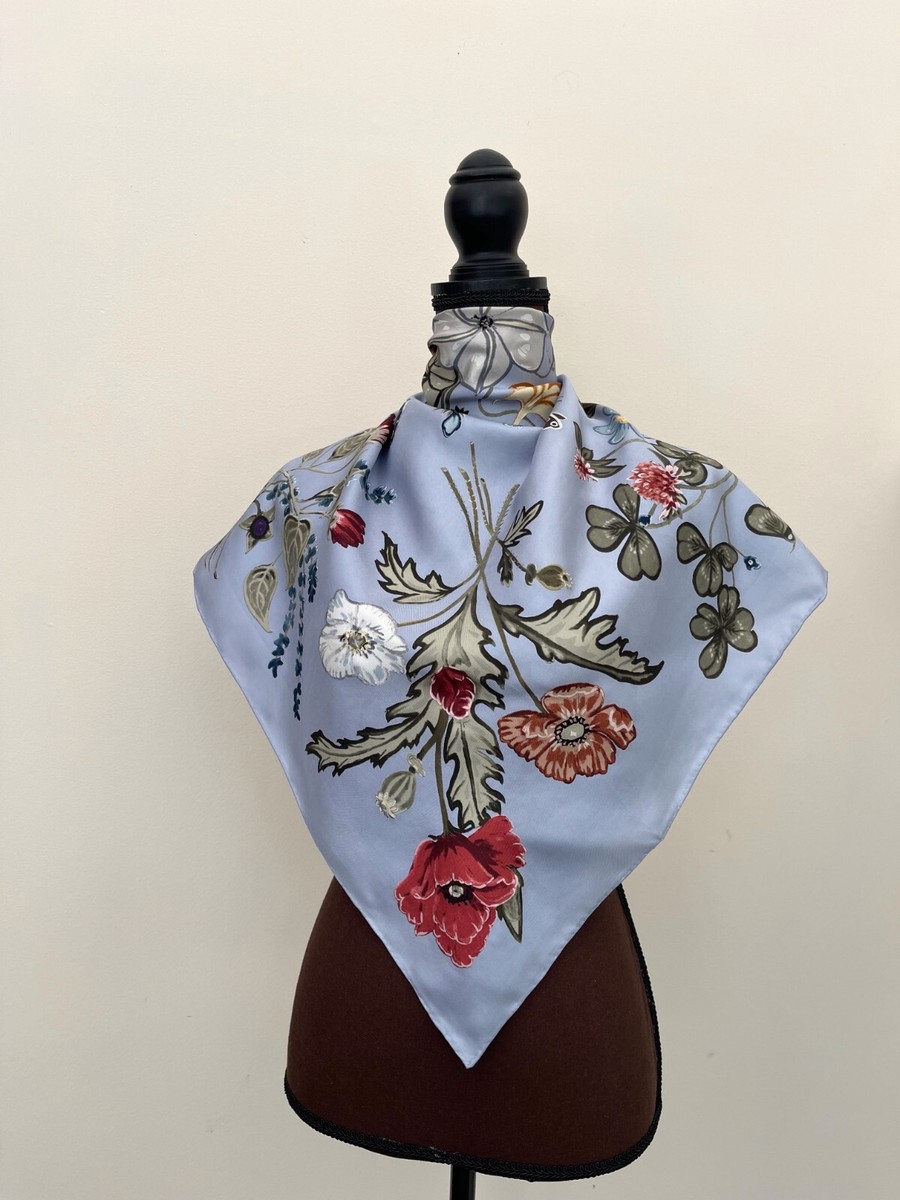 【美品】GUCCI スカーフ archive フローラル＆リボン ネイビー 美品】GUCCI スカーフ archive フローラル＆リボン ネイビー