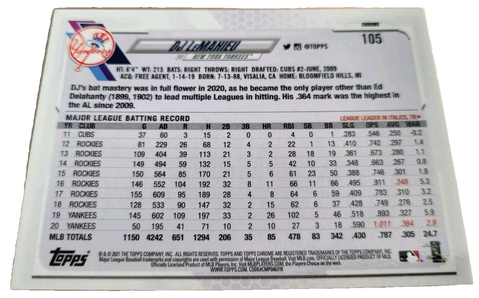 2021 Topps Chrome DJ LeMahieu #105 New York Yankees MLB Baseball Card (F3 - Image 2 of 2