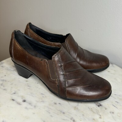 Clarks Shoes Womens 6 M Casual Slip On Heels Comfort Loafer Brown Leather  -E | eBay