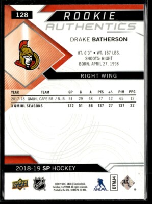 2018-19 SP Rookie Authentics - Blue Drake Batherson #128 H3R3A | eBay