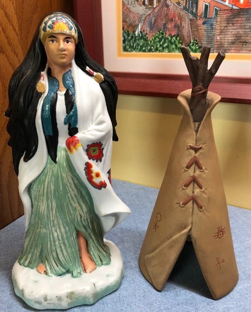 Vintage Porcelain Indian Maiden with Blanket 9.5" & ceramic TeePee