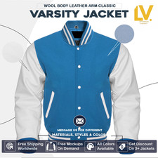 Varsity Letterman Jacket For Men Women  Kids Sky Blue Body White Sleeves