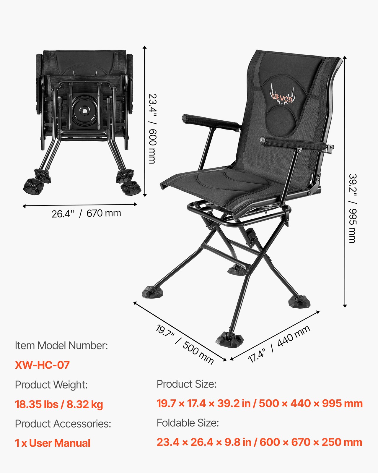 VEVOR Hunting Chair 360° Swivel Silent Foldable Chair Armrests Anti-Sink Feet