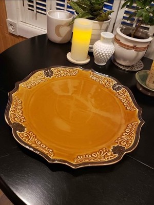 Certified International Ceramic Platter Leaf Motif Brown Yellow Glossy