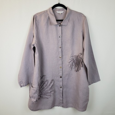 #ad #ad Kleen Linen Top L Button Front Tunic 3D Flower Applique Lagenlook Art To Wear $38.00