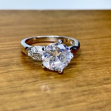 Round CZ Solitaire Engagement Style Ring Silver w/ CZ Accents Size 8