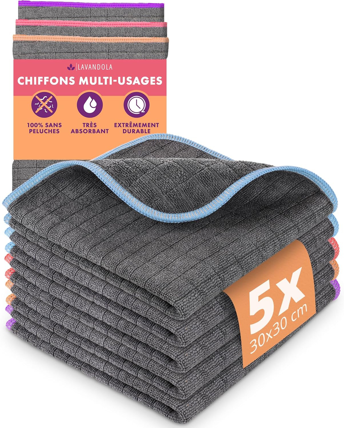 Chiffons de nettoyage ménagers microfibres lavables réutilisables sans peluches x5