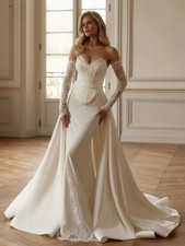 Detachable Train Sleeve Wedding Dress Corest Romantic Sweetheart Neck Bridal