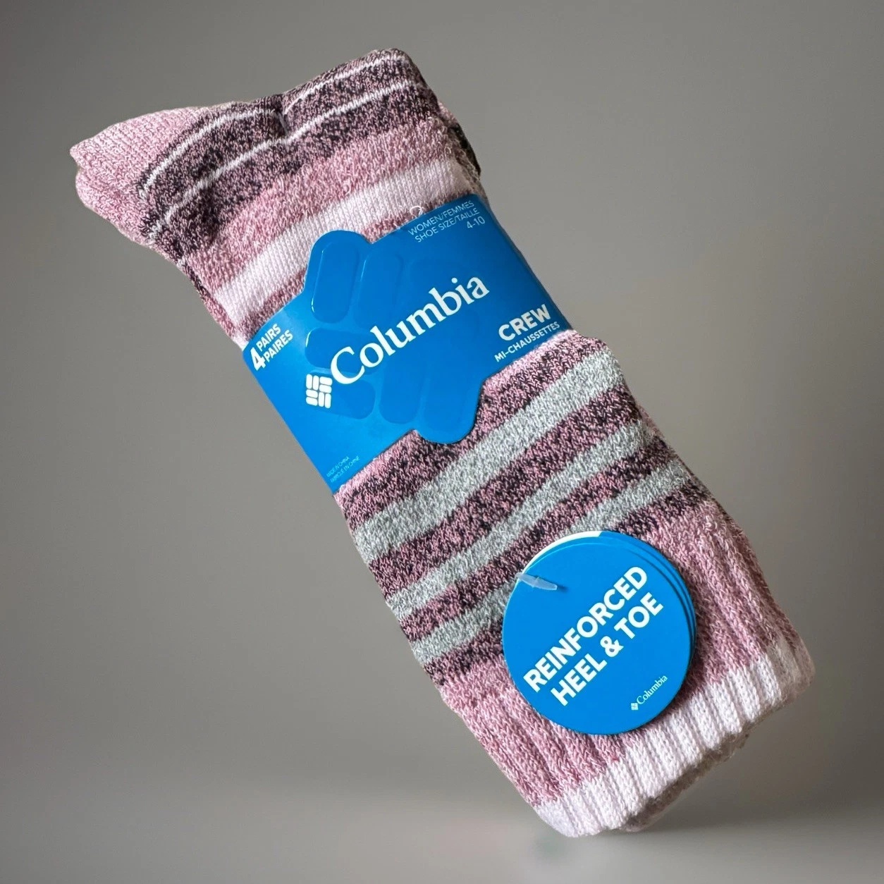 Columbia, 4 Pairs Pink Black Cushion Reinforced Heel Socks, Women Size 4-10
