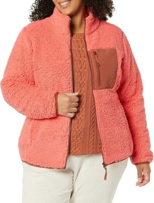 Womens Amazon Essentials Sherpa Long Sleeve Full Zip Jacket Coral Pink XXL NEW!