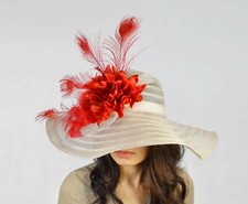 Red Flower Peacock Feather Nude/Beige Wide Brim Royal Fancy Kentucky Derby Hat