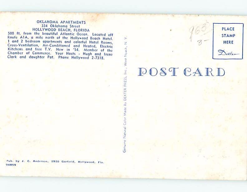 Unused Pre1980 APARTMENT MOTEL Hollywood Beach Near Miami Florida FL