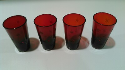 4- RUBY RED Wine Glasses 3.5'' tall with stars- Vintage,etched,rare