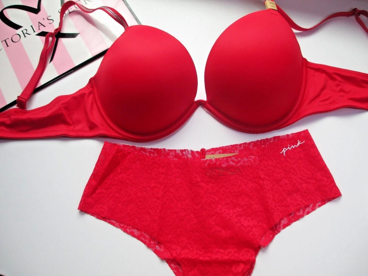 VICTORIA'S SECRET PINK Super Push Up Bra and Panty Set Red Shine Strap Sexy  VS