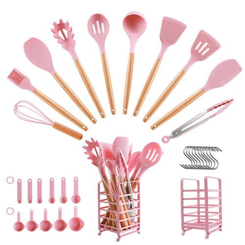 32PCS Silicone Utensils Set BPA Free Heat Resist Kitchen Baking Cookware Wooden - Picture 20 of 28