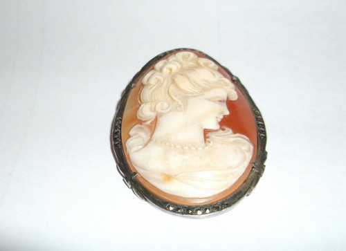 CAMEO Silver mounted Brooch, with marquisites, in good condition, in its own box