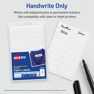 Avery 40720 No-Iron Fabric Labels, White, 1/2 x 1-3/4'' 18 Pks of 54, 5832 Labels