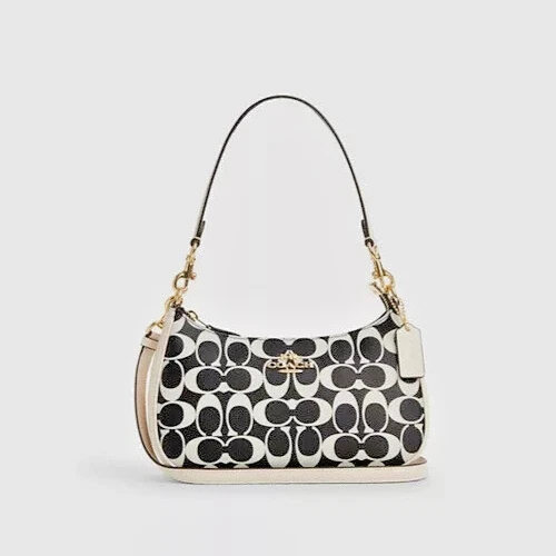 Borsa a tracolla Coach oro nero Multi Teri firma tela e pelle (CQ674) NUOVA CON ETICHETTE