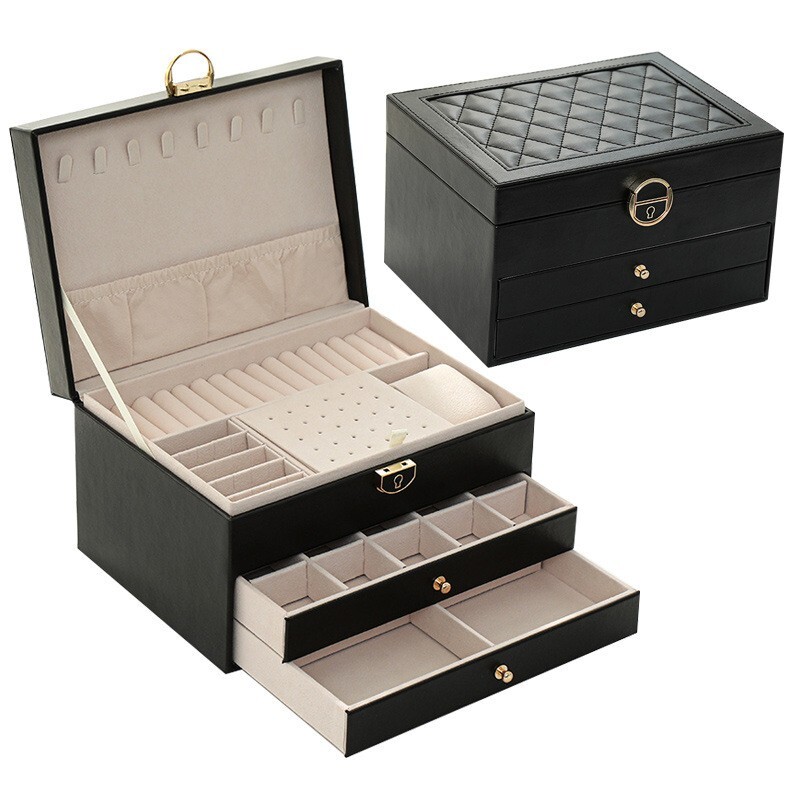 Best Gift Idea Three Layer Lockable PU Leather Jewelry Storage Box with Lock and image 3