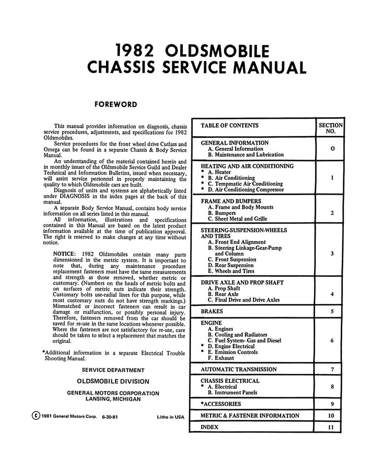 Oldsmobile 1982 manual de servicio Cutlass Delta 88 98 Toronado incluye suplemento Foto 2 de 4