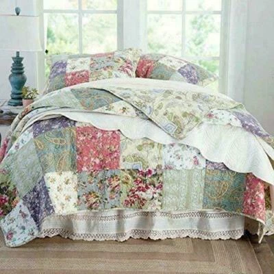 QUALITY BEAUTIFUL COZY PATCHWORK COUNTRY COTTAGE PINK FLOWER ROSE GREEN BLUE QUILT SET