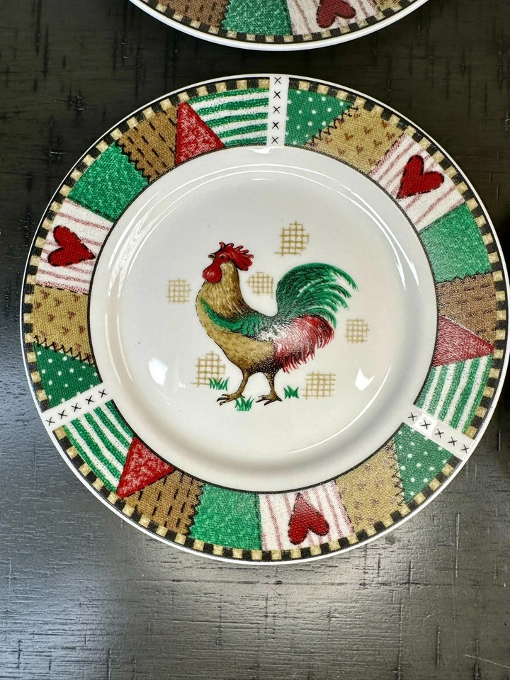 Vintage Rooster Patchwork Dinner Plates Set of 6 - Farmhouse Decor - Image 4 of 4