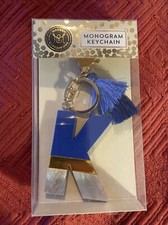 MODERN EXPRESSIONS MONOGRAM K KEYCHAIN. NEW. BLUE GOLD W/ POM POM TASSELS