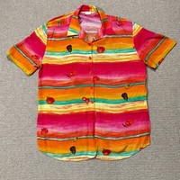 VINTAGE Hawaiian Shirt Womens Large Neon Fruit Striped Viscose Button Up Top