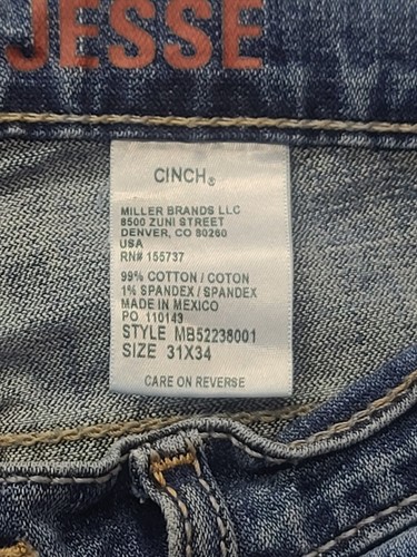 Cinch Jeans Mens 31x34 Jesse Slim Fit Straight Leg Stonewash Stretch Cowboy - Picture 3 of 12