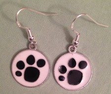 BLACK  WHITE PAW PRINT EARRINGS - Enamel with Sterling Silver Ear Wires DOG CAT