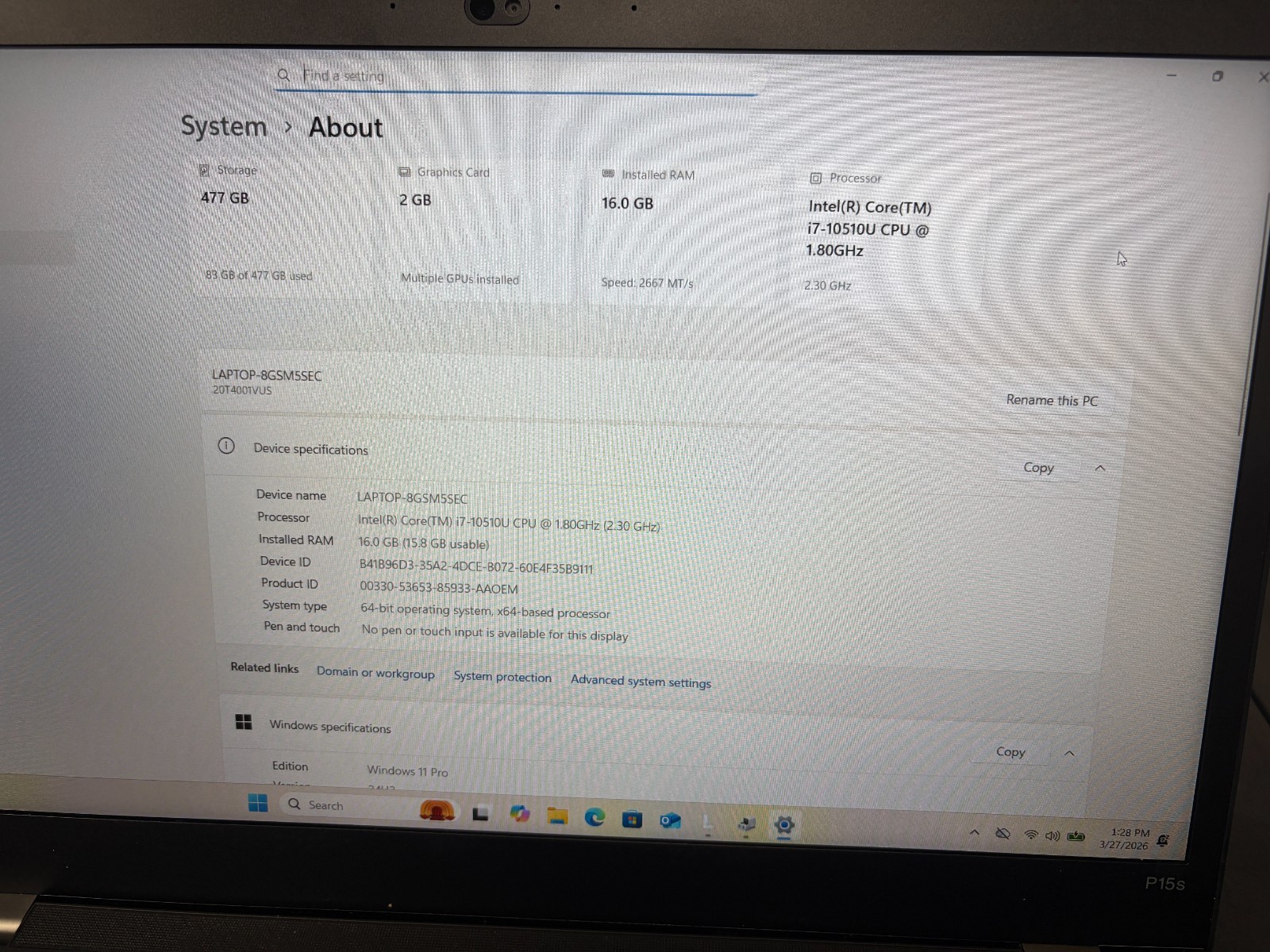 Lenovo ThinkPad P15s Gen 1, 15-Inch Laptop, with Intel Core i7 10th Gen., 512 GB SSD (Solid State Drive), Windows 11 Pro