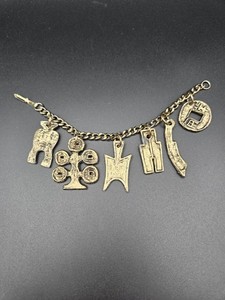 Vintage Brass Chinese Feng Shui Money Charm Bracelet 7 Inch with Symbolic Charms