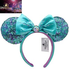 Disney Park's Blue Diamond Bow Minnie Mouse Teal  Purple Sequined Ears Headband