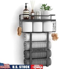 Wall Mounted Towel Rack W/ Floating Shelf Bathroom Organizer Storage Solution US