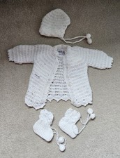 Vintage Knit Acrylic Handmade White Sweater Hat Booties Infant Korea Issue 