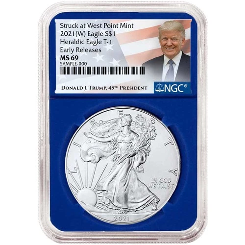 2021 (W) $1 Type 1 American Silver Eagle NGC MS69 ER Trump Label Blue Core