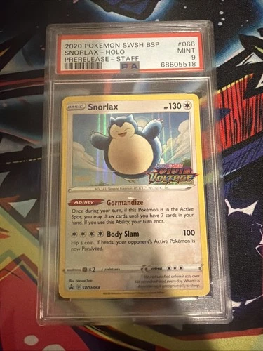 Pokemon Snorlax SWSH068 Vivid Voltage Prerelease Staff Holo PSA 9