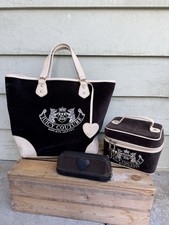 3 Pc Vtg Y2K Juicy Couture Velour Purse Tote Makeup Travel Bag Case Black Ivory