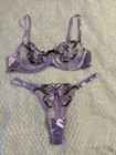 VTG Beautiful Purple Satin Bra And Panties With Butterfly Embroidery Set Size L