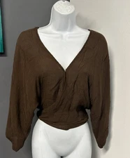 Kittenish Women’s Medium Brown Sheer Gauze Tie Waist Blouse Peasant Cropped Boho