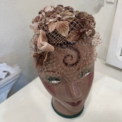 Lenore Marshall Women s Cap Brown Velvet Floral Net Veil Hat Taupe 1950s