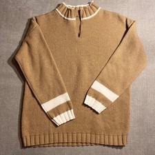 Unisex Tan Quarter Zip Sweater Knit Ribbed Collar Striped Cuffs Medium