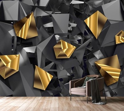 3D Black Grey Gold Geometric Wallpaper Mural 135x96 Modern Fabric Wall Art