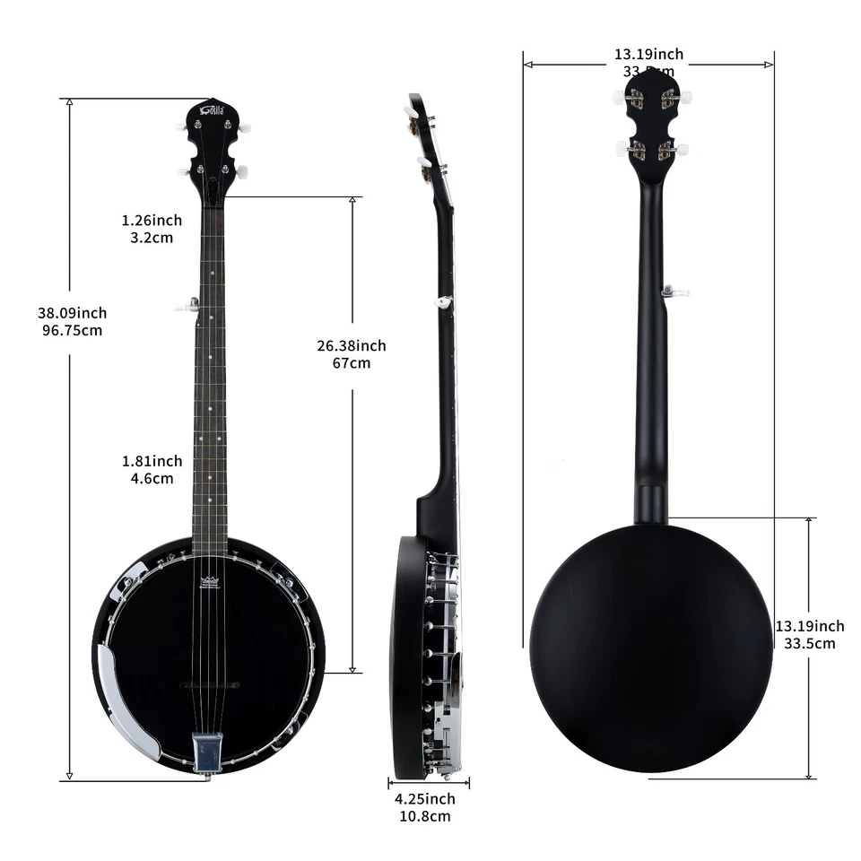 5 String Full Size Acoustic Electric Banjo Solid Back Remo Ebony Black Top Sapel - Image 2 of 4
