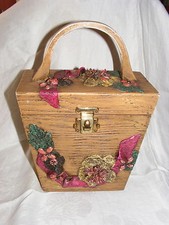 Vintage 60's Brown Wooden Box Purse Artist Signed Pink Green Floral Design