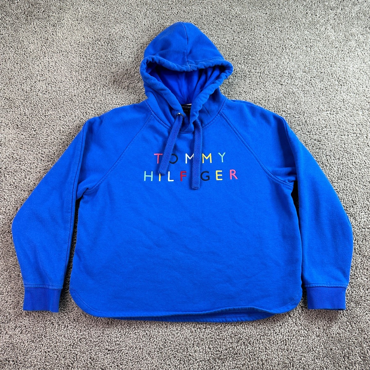 Tommy Hilfiger Hoodie Womens M Blue Multicolored Embroidered Logo Sweatshirt