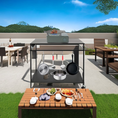 Kitchen BBQ Food Prep Work Cart Table Stand Mobile Storage Rack Grid Panel 2Tier
